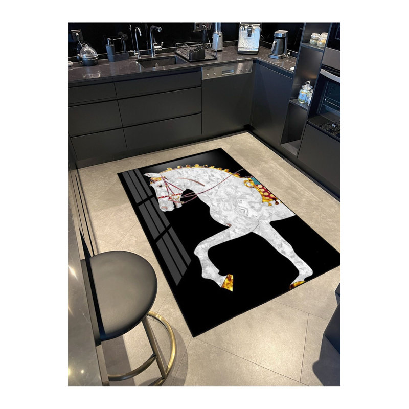 Tapis décoratif à motif de cheval de course noir aux tons lavables à la machine, Couvre-coussin carré de 3 pi 3 po inclus