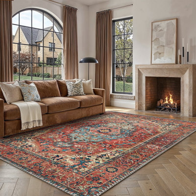 Tapis en chenille délavé avec rubans antidérapants de couleur rouge Riva