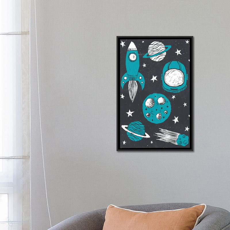 « space age », impression sur toile tendue, H 26 po x l 18 po x P 1,5 po, Toile avec cadre noir, Pas de tapis