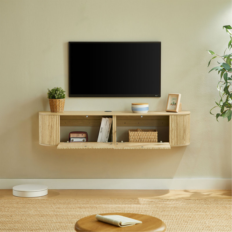 Meuble télé mural flottant de 55 po avec portes cannelées, console multimédia de grande capacité avec trous de gestion des câbles pour le salon, compatible avec divers styles de maison