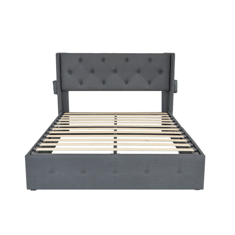 Base de lit plateforme double avec rangement à gaz, tête de lit à oreilles moderne et ports de charge USB, gris foncé