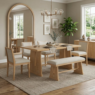 6-Piece Rustic Farmhouse Dining Set with Wire Brushed Finish and Trapezoid Legs, Rectangular Table with 4 Upholstered Linen Chairs and Padded Bench for Dining Room, Kitchen, Natural