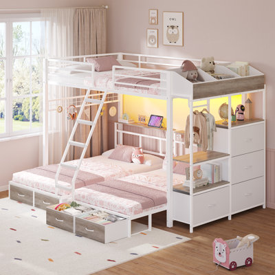 Triple Bed, Upper Bunk Is Full Size, Lower Bunk Is Twin Size, With 8 Storage Drawers, 3 Open Storage Boxes And 3 Open Shelves, Led Lights, Safety Rails And Ladder, Metal Base, White