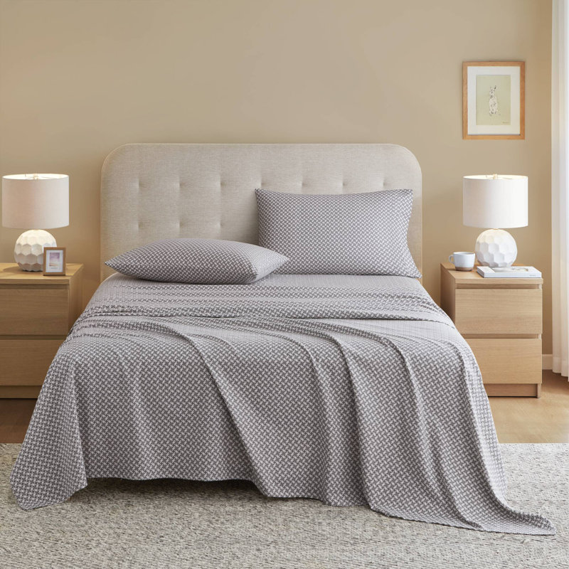 4-Piece 100% Cotton Flannel Printed Sheet Set,Snowflake, Full Sheet Set, Gray Ikat