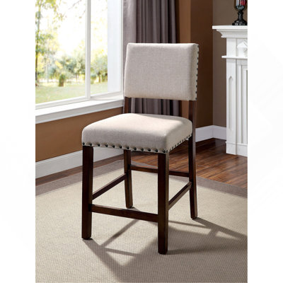 Classic Set Of 2Pc Counter Height Dining Chairs Fabric Padded Linen Chairs Upholstered Cushion High Chairs Nailhead Trim