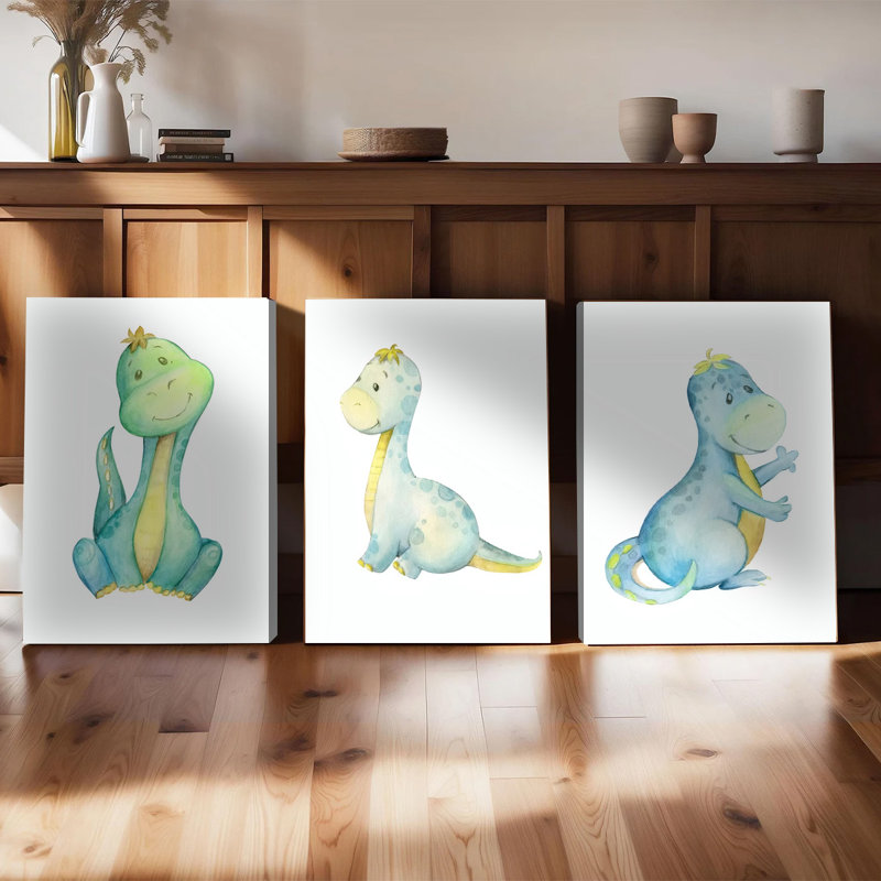 Ensemble de 3 affiches encadrées, aquarelles de dinosaures sur toile, décoration pour chambre d'enfant, chambre de bébé, chambre de garçon ou de fille, peinture d'animaux de dessin animé, décoration moderne pour salle de jeux ou salon.