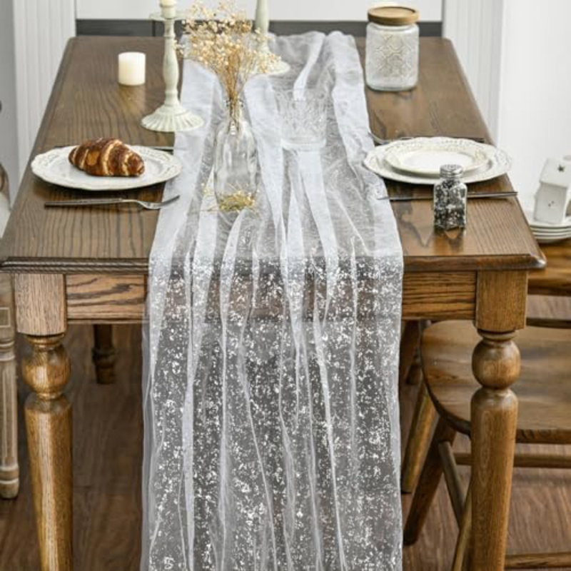 Chemin de table en gaze blanc argenté 120 pouces 10 pièces