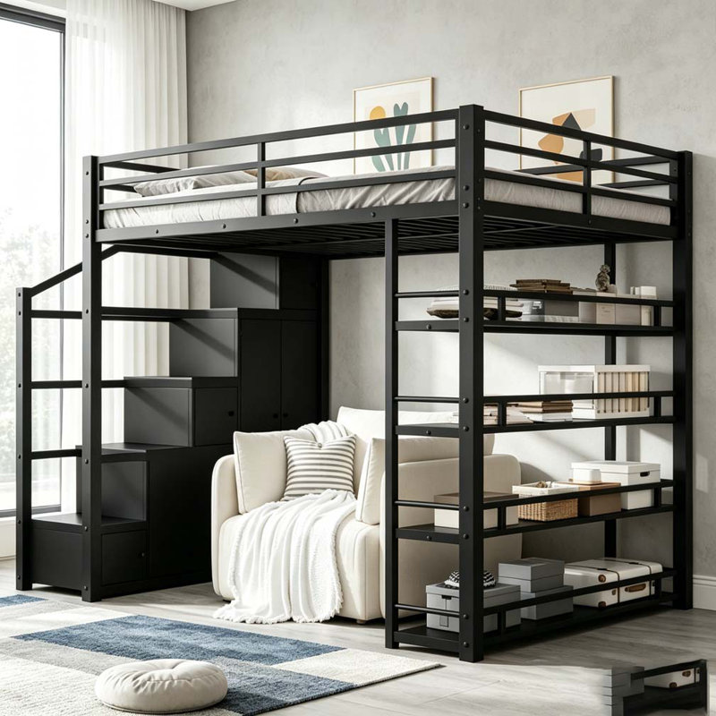 Lit mezzanine double en métal avec tablettes de rangement, garde-robe et escalier