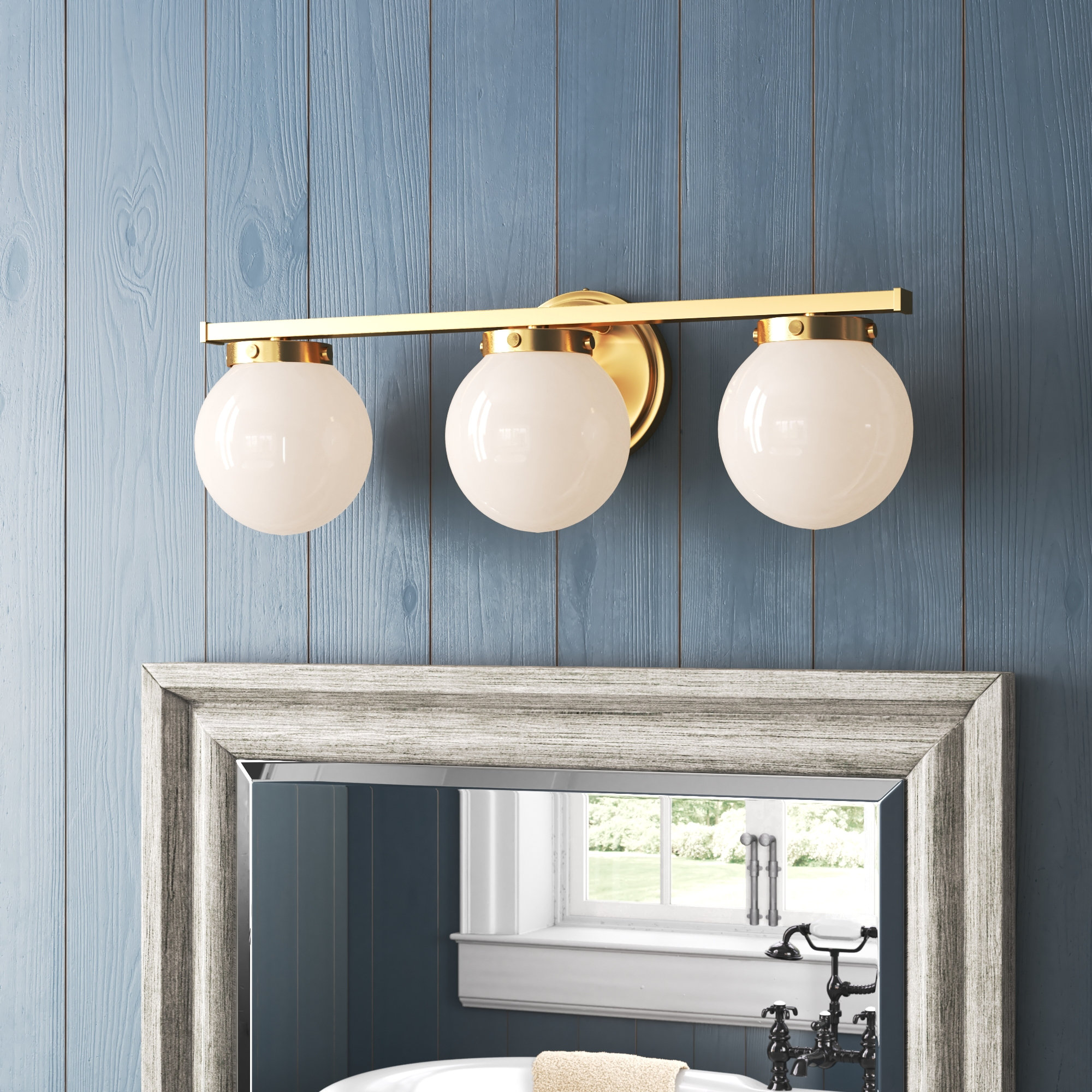 Finian 3 Light Dimmable Vanity Light, Natural Brass, White