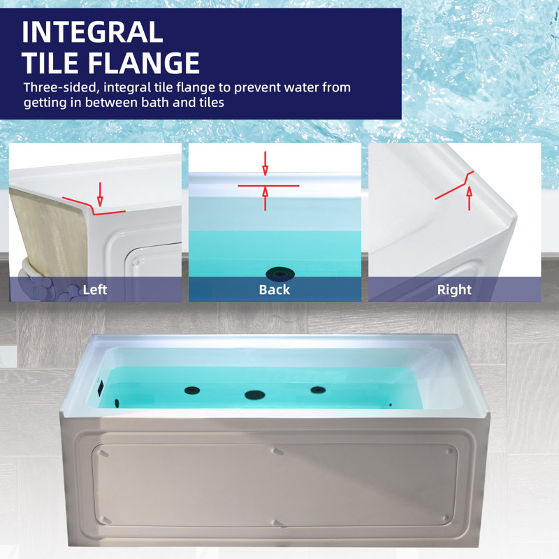 60" X 30" Alcove Acrylic Rectangular Whirlpool Heated Jetted Tub In White With Drain and Overflow, Left, Matte Black