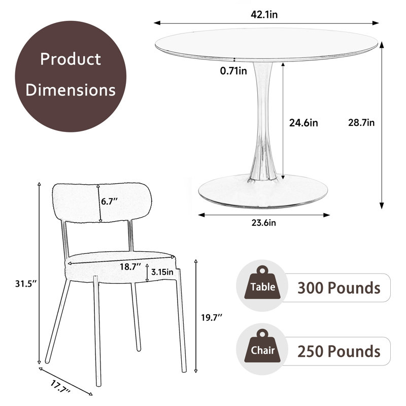 Table de salle à manger 42 "avec 4 chaises, Blanc, Blanc