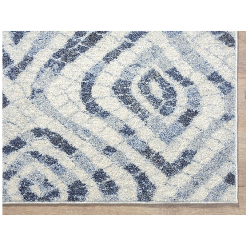 Rectangular Blue and Ivory Geometric Synthetic Area Rug