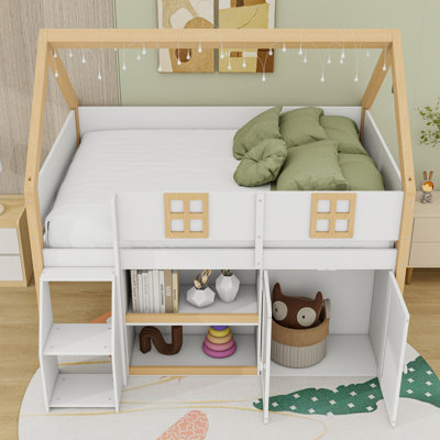 Loft Bed with Step Staircase, Shelving, Cabinets and LED Lights
