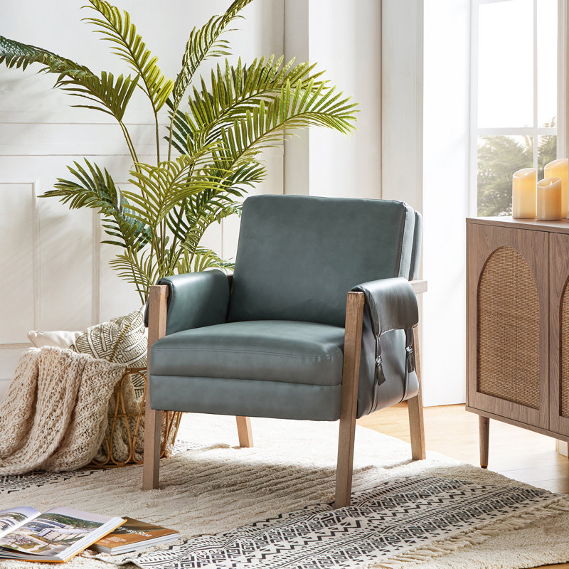 Arhiana Faux Leather Armchair With Solid Wood Legs, Sage