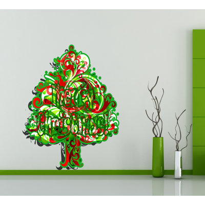 Merry Christmas Swirl Tree Wall Decal – Artistic Red, Green & White Removable Holiday Wall Sticker Decoration GD465
