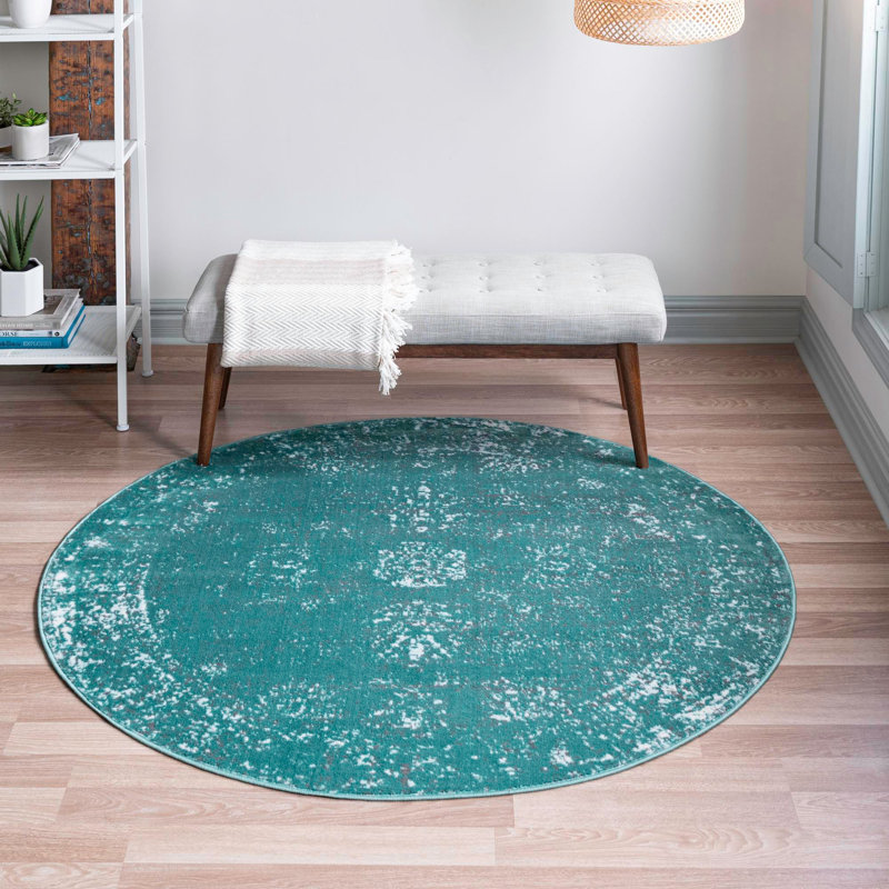 Tapis floral turquoise Brandt, Rond 7 pi 1 po x 7 pi 1 po
