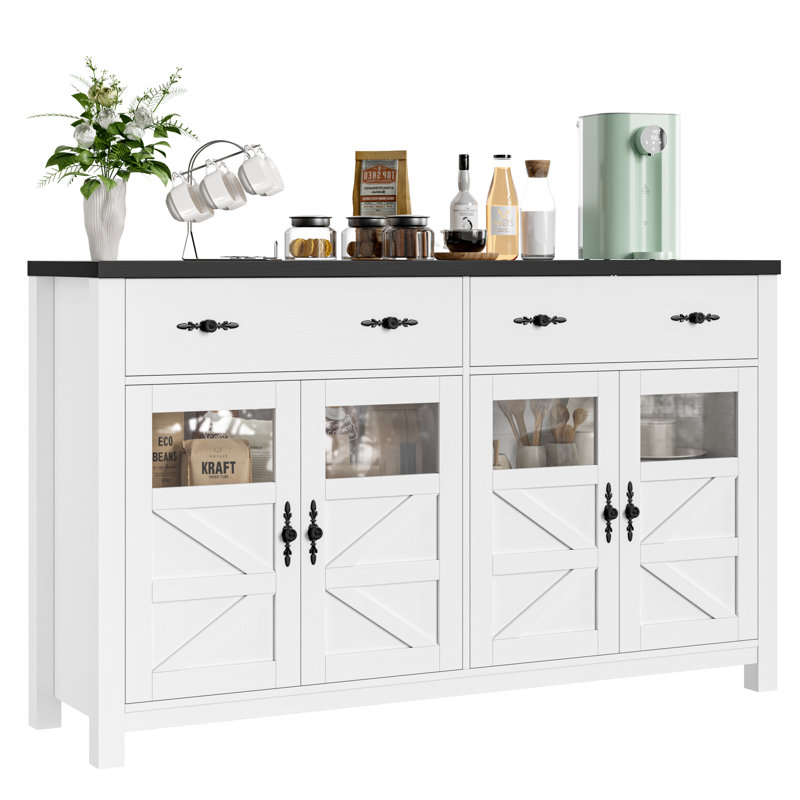 Almus 55'' Sideboard with 4 Glass Doors, 2 Large Drawers and Adjustable Shelves, White/Black