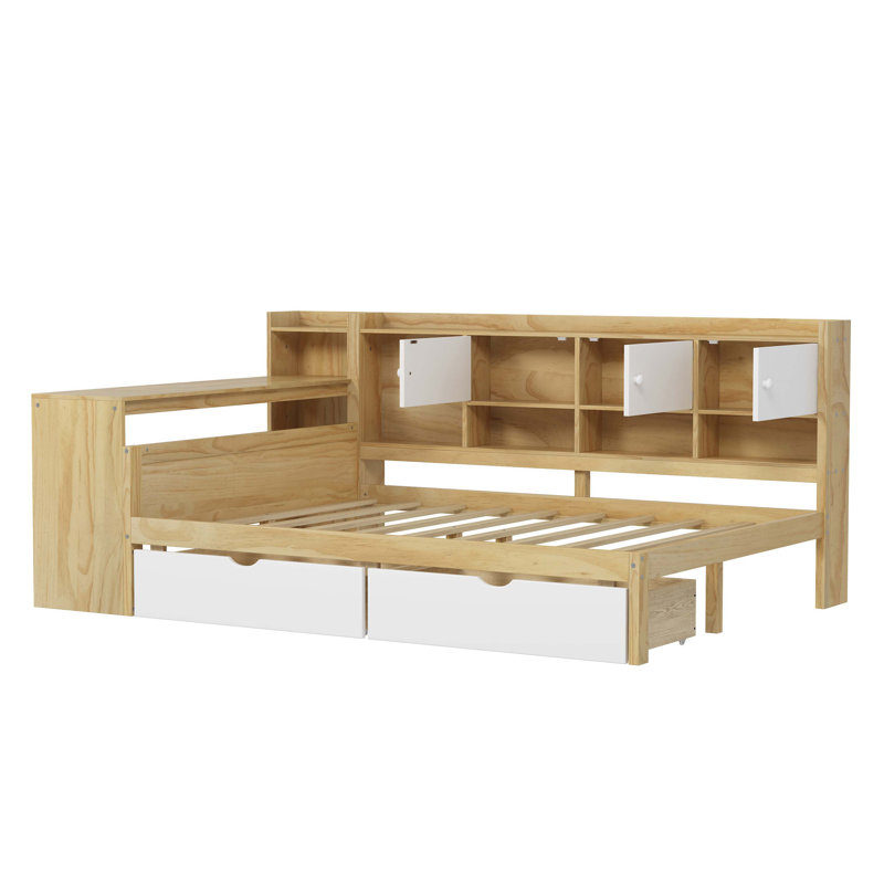 Wooden L-Shape Daybed with Seven Storage Cabinets and Two Storage Drawers, Multi-functional Bed with Study Desk and Built-in Bookshelf