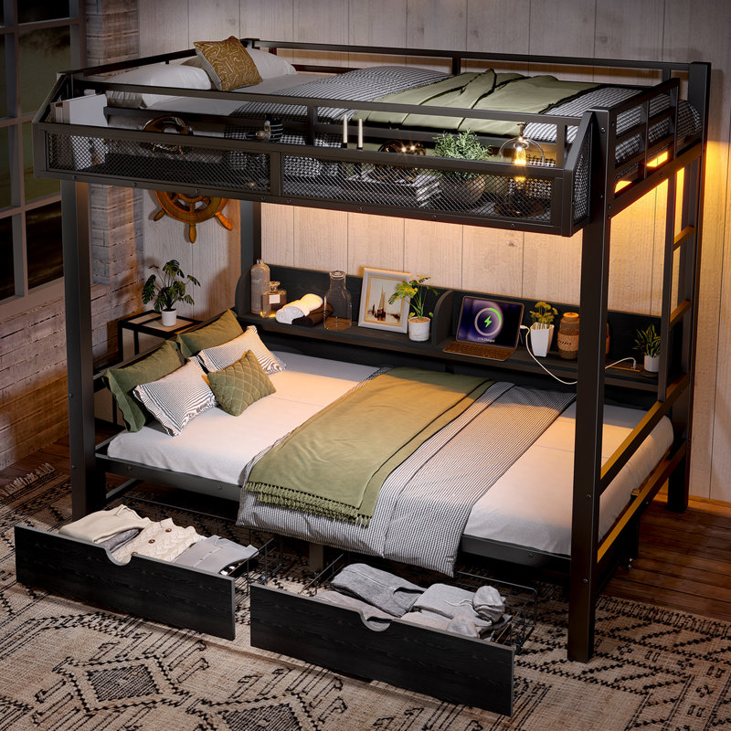 Black Twin Over Twin Metal Bunk Bed, Convertible Lower Bed To Sofa With Storage Shelves & Drawers, Multifunctional Bunkbed With Usb Charging Ports & Led Lights.