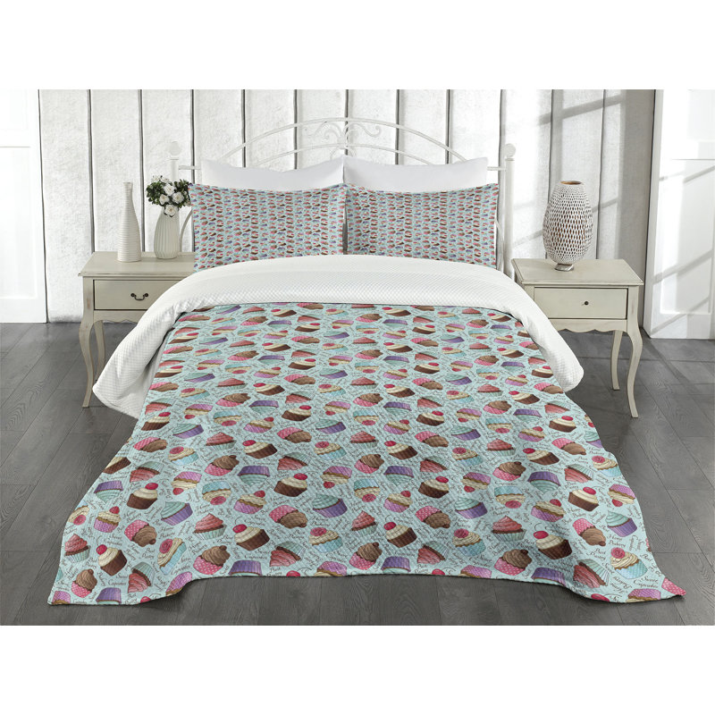 Ambesonne Cupcake Bedspread Set Pastry Cakes Calligraphy Multicolor, King Bedspread + 2 Standard Shams