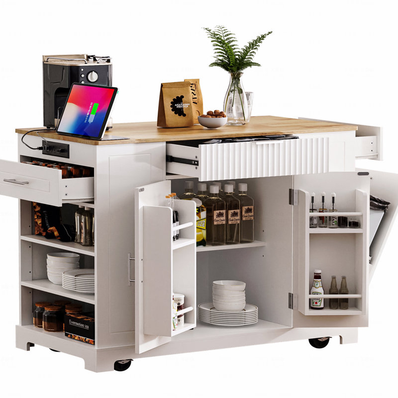 Table pour îlot de cuisine, cannelée avec armoire de rangement pour poubelle, prise de courant, support de rangement interne, roulettes sur 5 roulettes avec 3 tiroirs, 3 tablettes latérales ouvertes