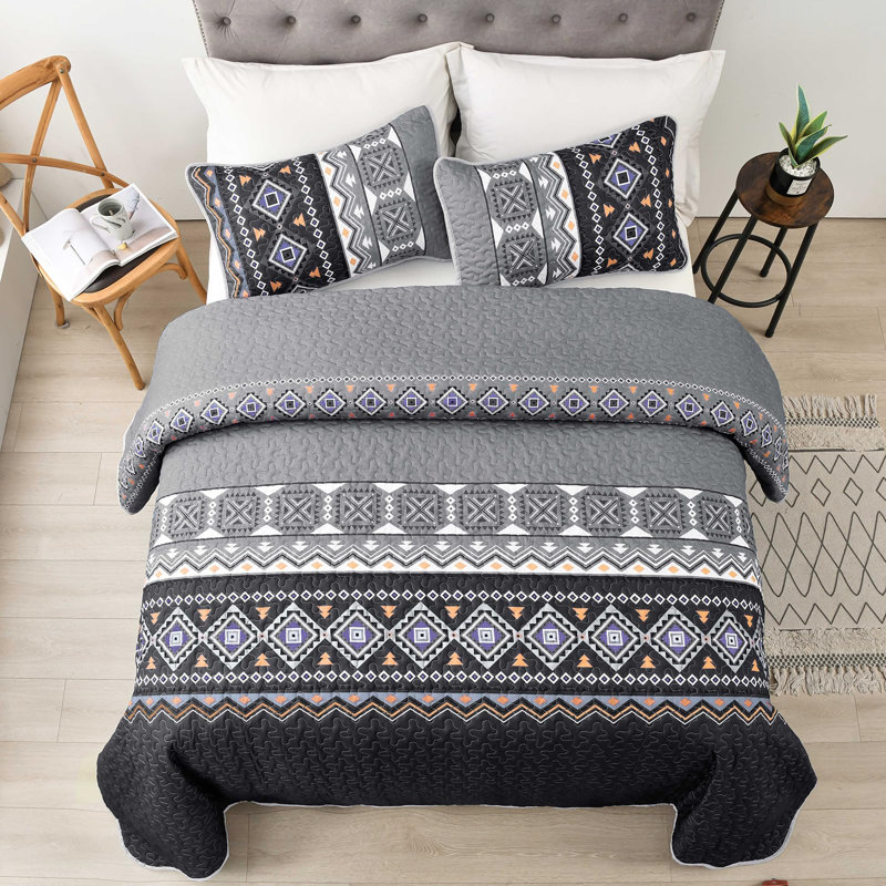 Ensemble de courtepointe à motif géométrique 3 pièces Boho, Queen Quilt + 2 Queen Shams, Grey/Black