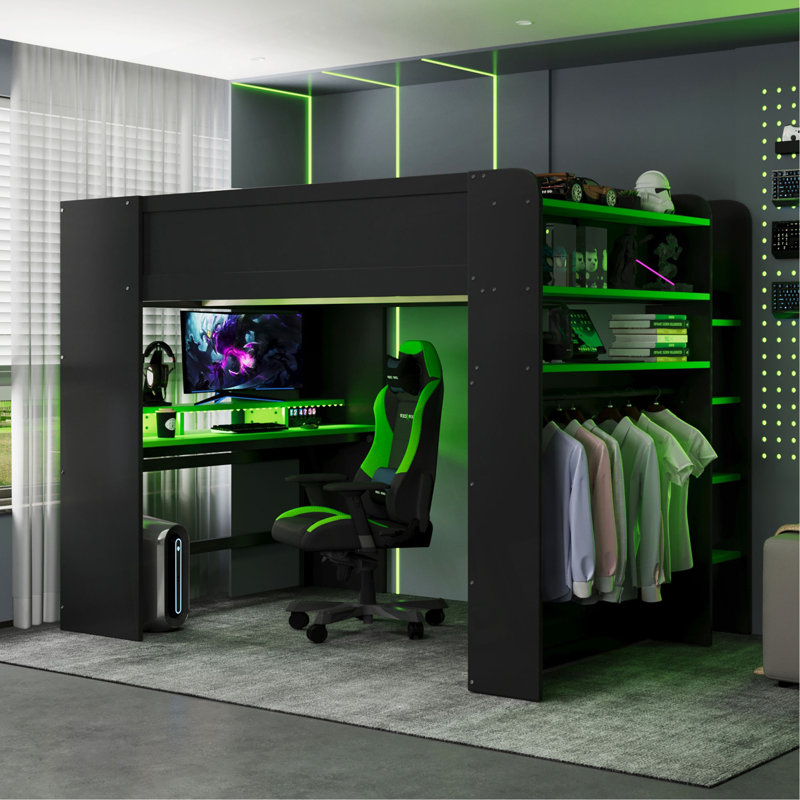Lit superposé double en bois pleine grandeur avec bureau à hauteur réglable, garde-robe, grand espace de rangement et lumière RVB