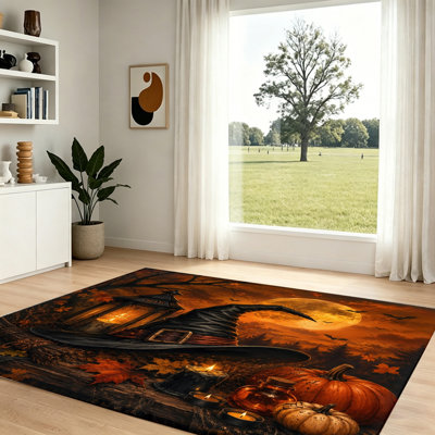 Halloween Witch Hat Area Rug, Spooky Autumn Vibes, Full Moon Bats Scene, Durable Non-Slip Floor Mat for Living Room, Bedroom, Entryway, Home Office and Dining Spaces