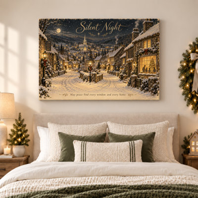 Snowy Stone Village With Church Steeple Christmas Canvas Wall Art