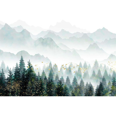 Papier peint Hazy Forest avec des taches dorées, murale Misty Mountain Peaks, murale paysage nature