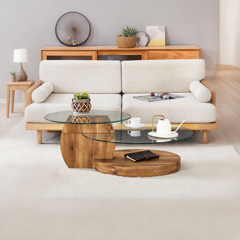 Double Clear Glass Oval Single Coffee Table, Tan