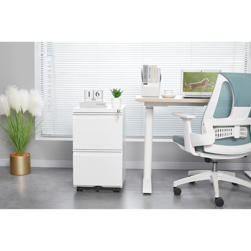 Classeur mobile compact avec 2 tiroirs, une serrure et une roue centrale, pour le bureau à domicile Barre de suspension amovible à deux tiroirs en métal, placement sous le bureau, roulettes