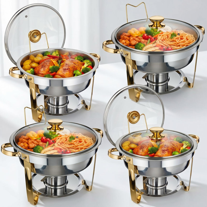 Ensemble de 4 réchauds 5QT pour buffet, ensemble de réchaud rond en acier inoxydable avec couvercles en verre, ensembles de chauffe-plats pour la restauration, les réceptions, les dîners - or et argent