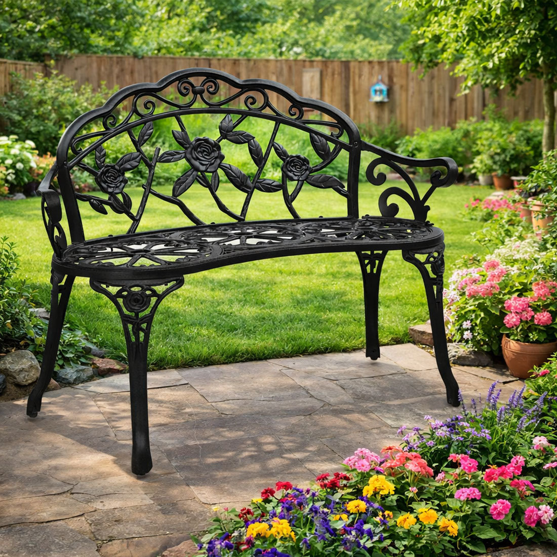 Astoria Grand 2-Person Cast Iron Patio Garden Metal Rose Bench for Yard | Wayfair