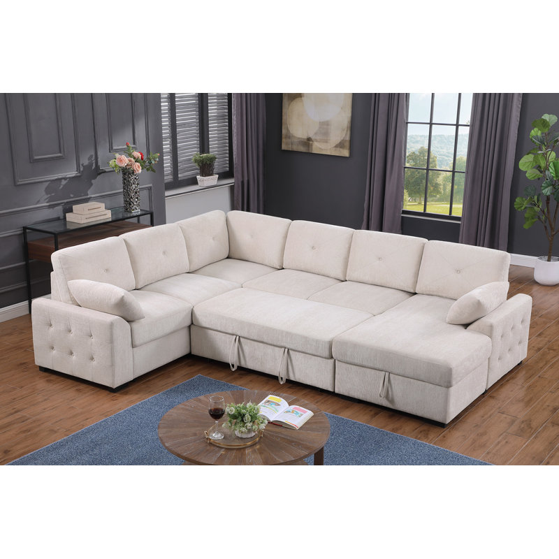 Canapé modulaire rembourré avec causeuse coulissante et méridienne, Beige