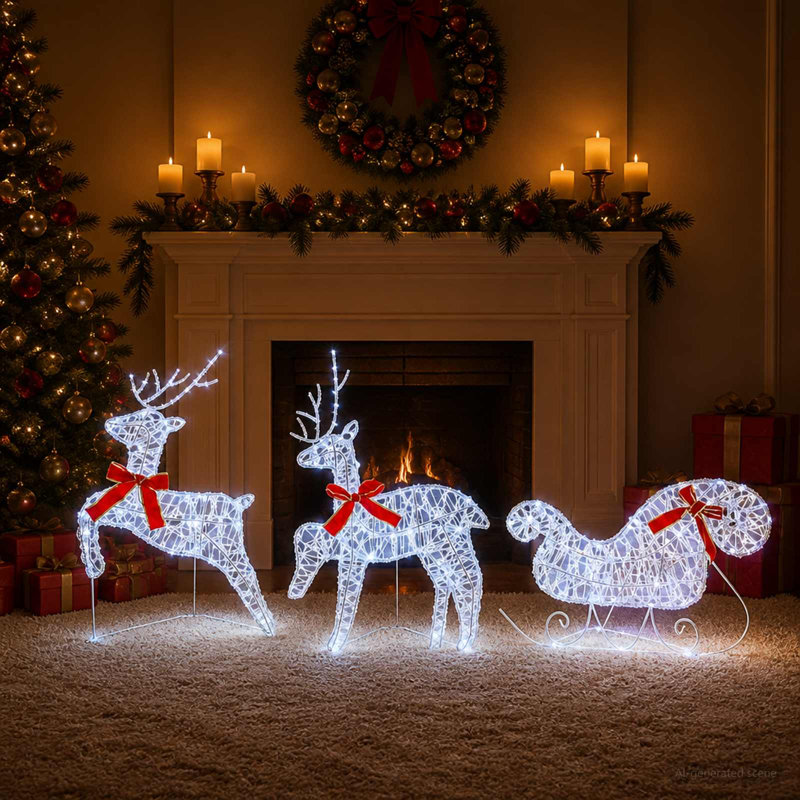 Christmas Reindeer with Sleigh, Cold White