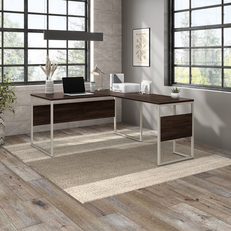 Ensemble de bureau d'ordinateur hybride en L en noyer noir réversible, Brun