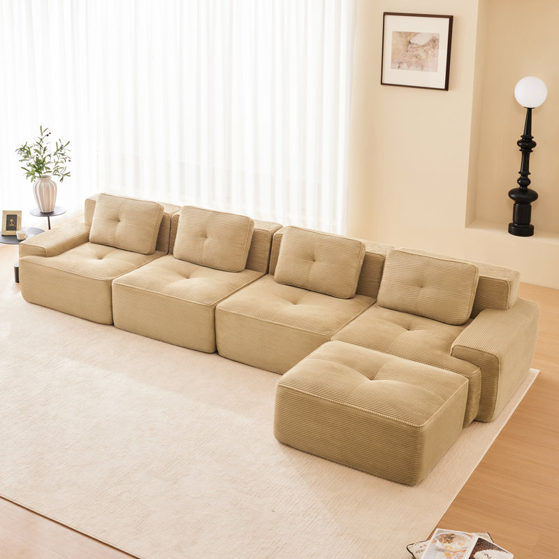 Canapé d'angle moderne en velours côtelé, 153 pouces, assise profonde, réglable, passepoil nacré, sans montage, couleur camel, 153 pouces avec revêtement en velours côtelé, couleur camel