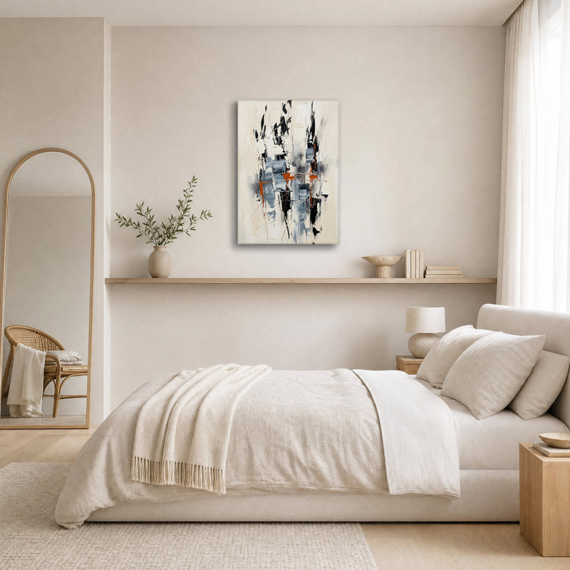 Tableau abstrait à coups de pinceau verticaux noirs, gris et rouille sur toile, 36"H x 24"W
