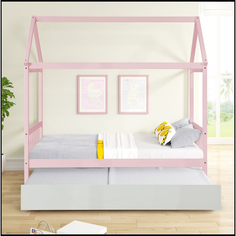 Structure de lit simple en bois massif avec lit gigogne simple, aucun sommier requis, Rose