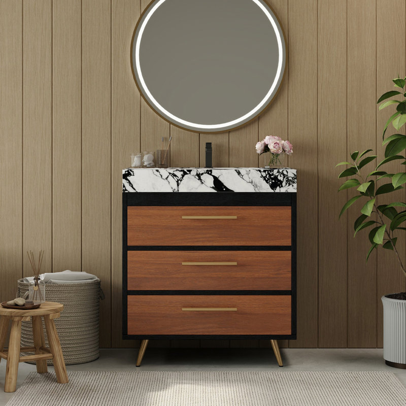 Meuble-lavabo autoportant moderne avec lavabo vasque en céramique, Noir/noyer, Noir / blanc