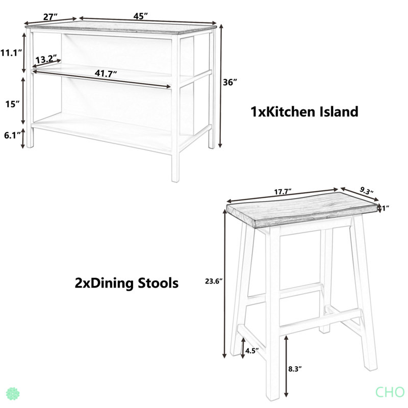 Solid Wood Rustic 3-Piece Stationary Kitchen Island Set With 2 Seatings, Rubber Wood Butcher Block Dining Table Set Prep Table Set With 2 Open Shelves For Small Places