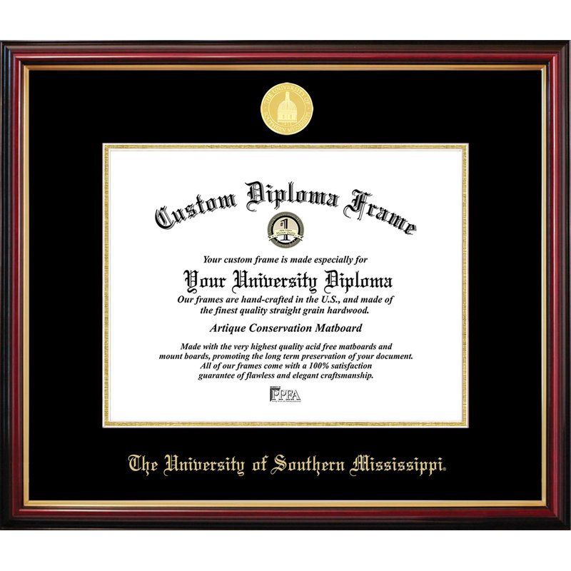 Cadre de petit diplôme de l'Université Southern Mississippi, L 11 po x H 8,5 po, NCAA Southern Mississippi