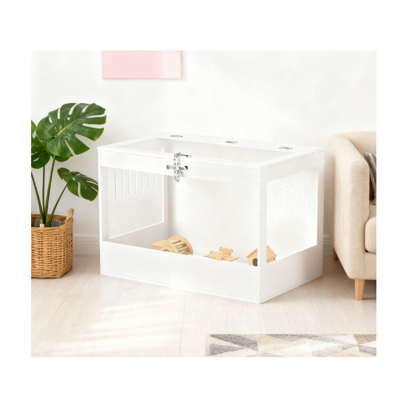 Cage blanche pour animaux avec dessus ouvert, serrure sécurisée, cabane et accessoires
