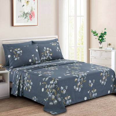 Marina Decoration Home Decor Bedding Bedroom Bedsheet Soft Silky Deep Pocket Rayon from Bamboo All Season 6 Pieces Printed Sheet Set with 4 Pillowcases, Slate Blue Leaf Pattern Queen Size