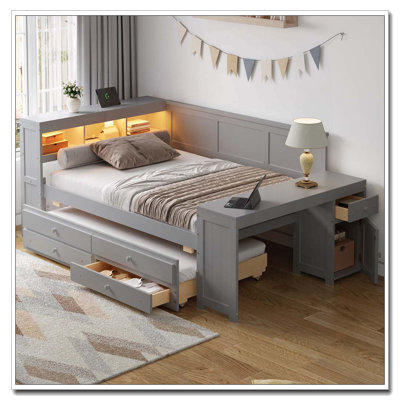 Full Size Daybed with Storage Shelves,Drawers,Trundle,Charging Station,LED Light,Desk and Cabinet