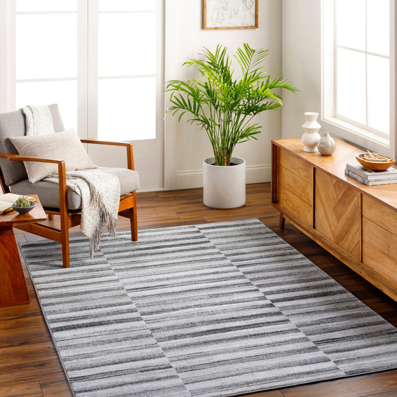 Black Modern Rug, Striped Easy to Clean Rug For Living Room, Dining Room, Bedroom, Kitchen, Rectangle 200 x 275cm