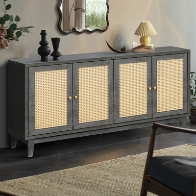 Handcrafted Premium Grain Panels,Rattan Sideboard Buffer Cabinet With 4 Rattan Doors, Modern Storage Cupboard Console Table With Adjustable Shelves Fo by Bay Isle Home