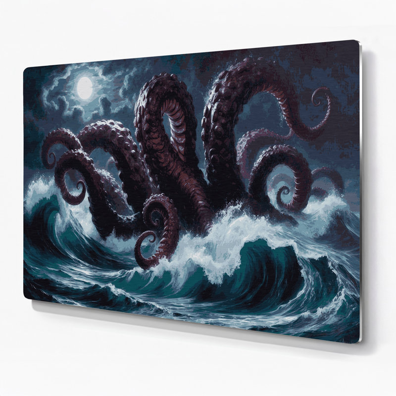 SciFi Kraken tentacles emerging from ocean Grey Metal Wall Art, 132" H x 168" W x 0.05" D