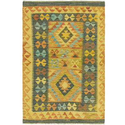 Tapis intérieur en laine bleu/jaune 3 pi 2 po x 4 pi à la main one-of-kind noué la Lorain
